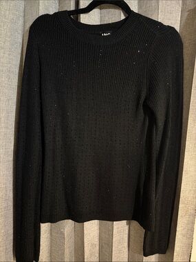 INC International Concepts Black Ribbed Crewneck Sweater with Subtle Sparkle